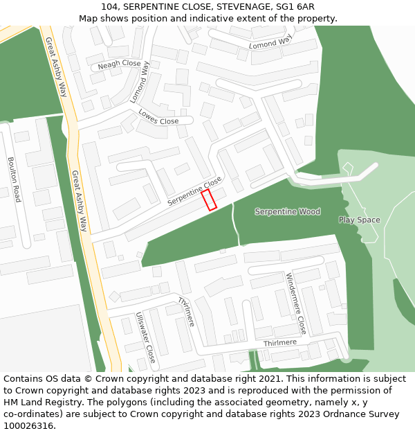 104, SERPENTINE CLOSE, STEVENAGE, SG1 6AR: Location map and indicative extent of plot