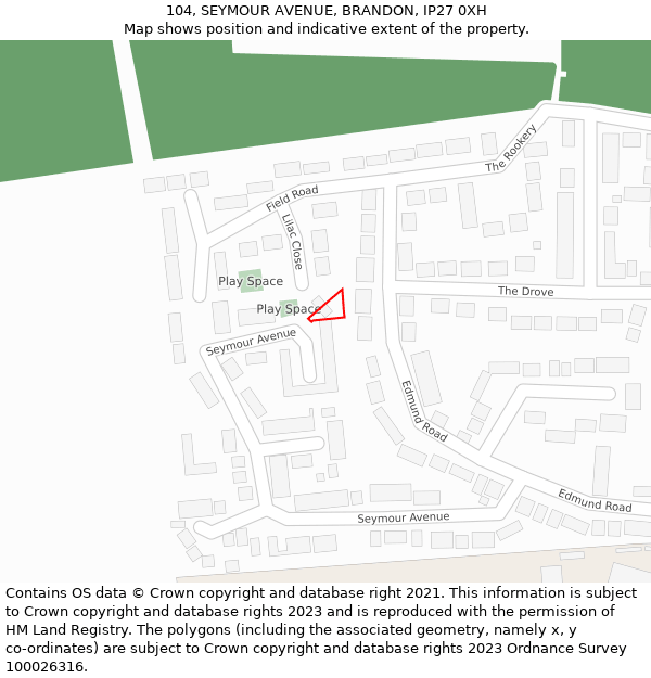 104, SEYMOUR AVENUE, BRANDON, IP27 0XH: Location map and indicative extent of plot