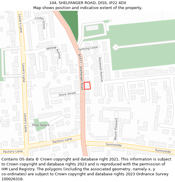 104, SHELFANGER ROAD, DISS, IP22 4DX: Location map and indicative extent of plot