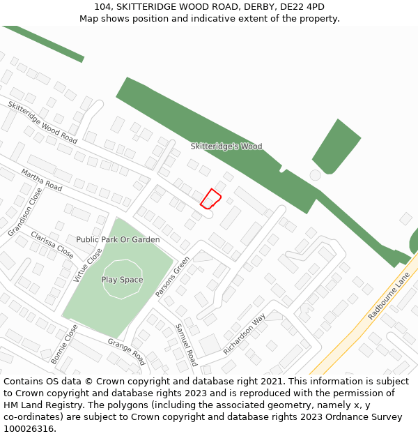 104, SKITTERIDGE WOOD ROAD, DERBY, DE22 4PD: Location map and indicative extent of plot