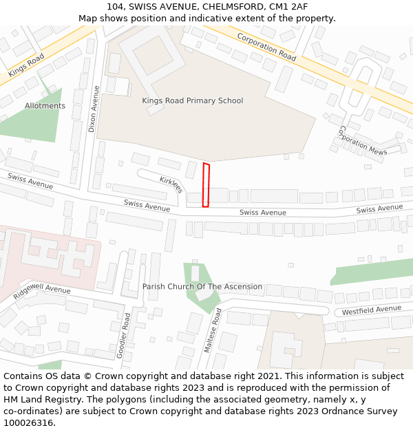 104, SWISS AVENUE, CHELMSFORD, CM1 2AF: Location map and indicative extent of plot