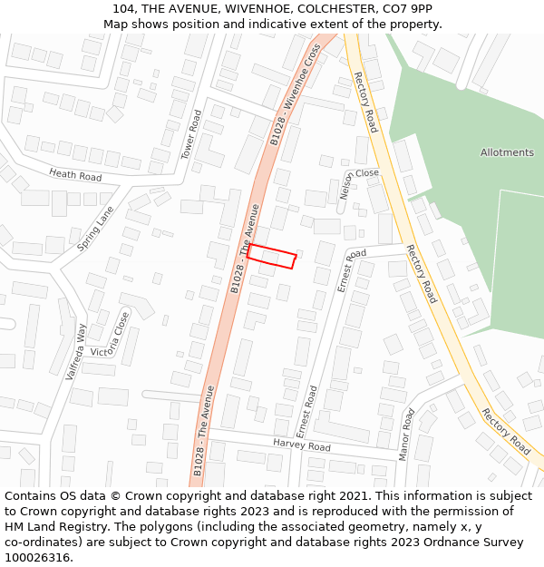 104, THE AVENUE, WIVENHOE, COLCHESTER, CO7 9PP: Location map and indicative extent of plot