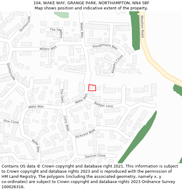 104, WAKE WAY, GRANGE PARK, NORTHAMPTON, NN4 5BF: Location map and indicative extent of plot