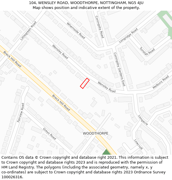 104, WENSLEY ROAD, WOODTHORPE, NOTTINGHAM, NG5 4JU: Location map and indicative extent of plot
