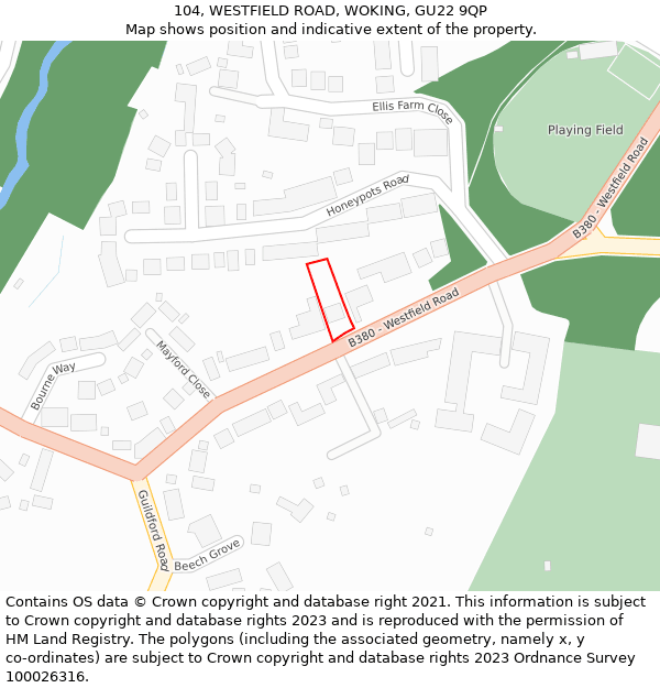 104, WESTFIELD ROAD, WOKING, GU22 9QP: Location map and indicative extent of plot