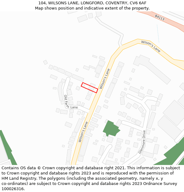 104, WILSONS LANE, LONGFORD, COVENTRY, CV6 6AF: Location map and indicative extent of plot