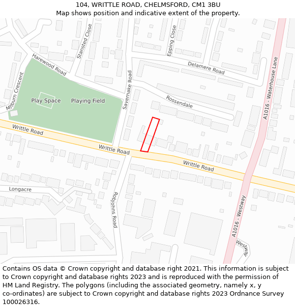 104, WRITTLE ROAD, CHELMSFORD, CM1 3BU: Location map and indicative extent of plot