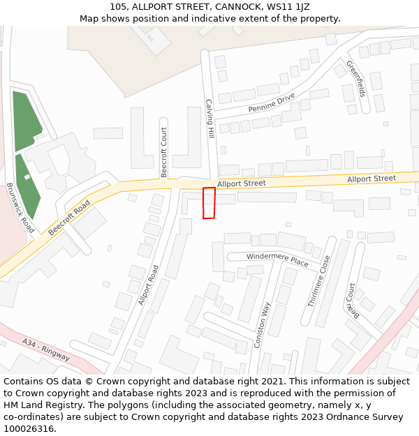 105, ALLPORT STREET, CANNOCK, WS11 1JZ: Location map and indicative extent of plot