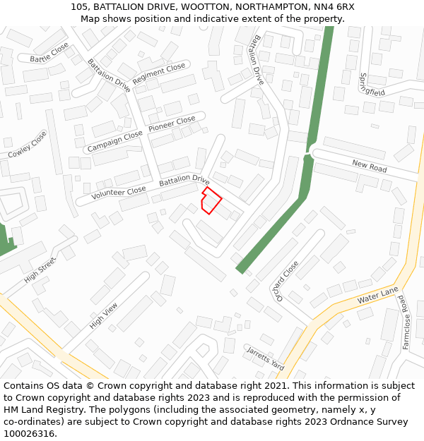 105, BATTALION DRIVE, WOOTTON, NORTHAMPTON, NN4 6RX: Location map and indicative extent of plot