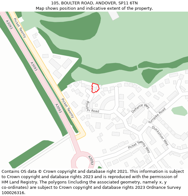 105, BOULTER ROAD, ANDOVER, SP11 6TN: Location map and indicative extent of plot