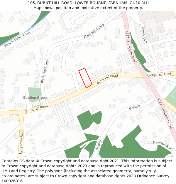 105, BURNT HILL ROAD, LOWER BOURNE, FARNHAM, GU10 3LH: Location map and indicative extent of plot