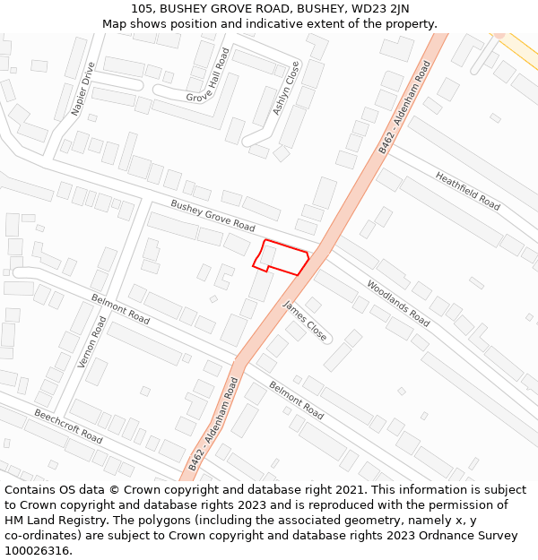 105, BUSHEY GROVE ROAD, BUSHEY, WD23 2JN: Location map and indicative extent of plot