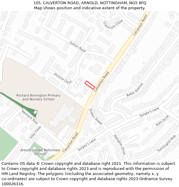 105, CALVERTON ROAD, ARNOLD, NOTTINGHAM, NG5 8FQ: Location map and indicative extent of plot