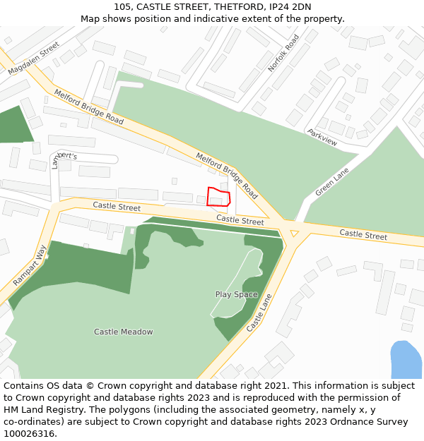 105, CASTLE STREET, THETFORD, IP24 2DN: Location map and indicative extent of plot