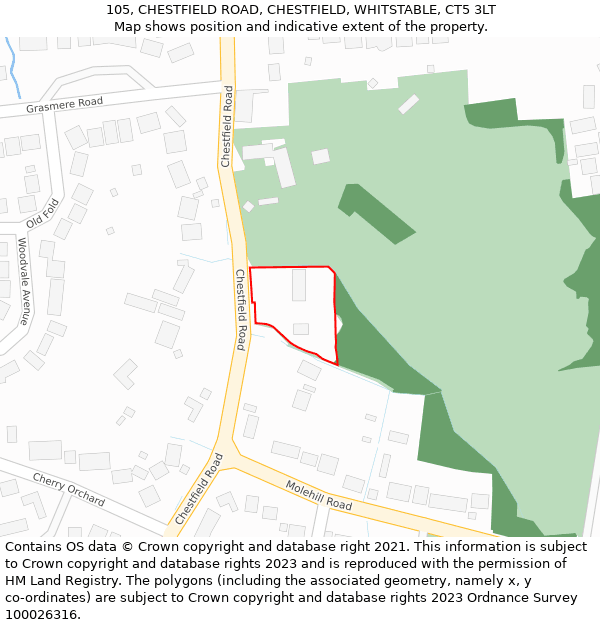 105, CHESTFIELD ROAD, CHESTFIELD, WHITSTABLE, CT5 3LT: Location map and indicative extent of plot