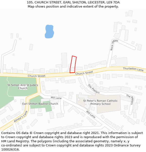 105, CHURCH STREET, EARL SHILTON, LEICESTER, LE9 7DA: Location map and indicative extent of plot