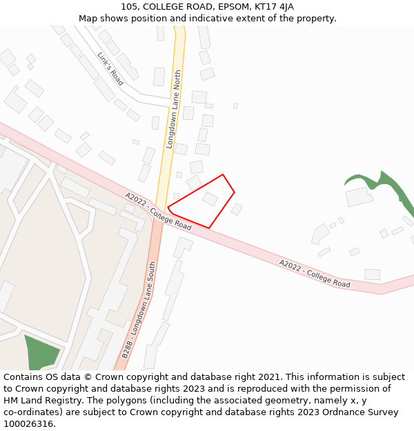 105, COLLEGE ROAD, EPSOM, KT17 4JA: Location map and indicative extent of plot