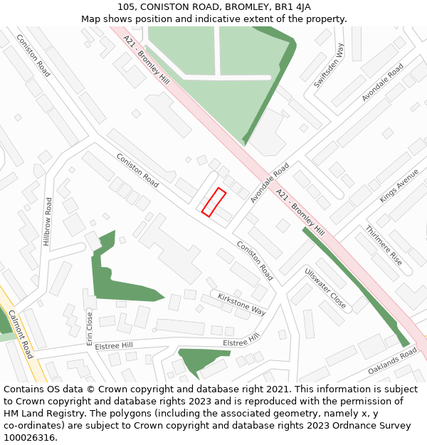105, CONISTON ROAD, BROMLEY, BR1 4JA: Location map and indicative extent of plot