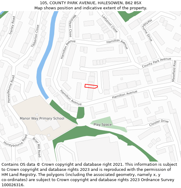 105, COUNTY PARK AVENUE, HALESOWEN, B62 8SX: Location map and indicative extent of plot