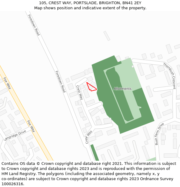105, CREST WAY, PORTSLADE, BRIGHTON, BN41 2EY: Location map and indicative extent of plot
