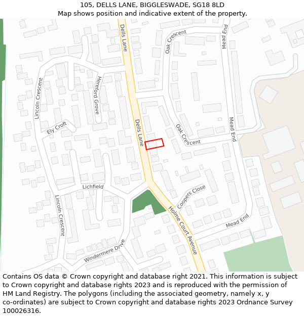 105, DELLS LANE, BIGGLESWADE, SG18 8LD: Location map and indicative extent of plot