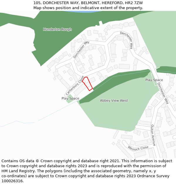 105, DORCHESTER WAY, BELMONT, HEREFORD, HR2 7ZW: Location map and indicative extent of plot