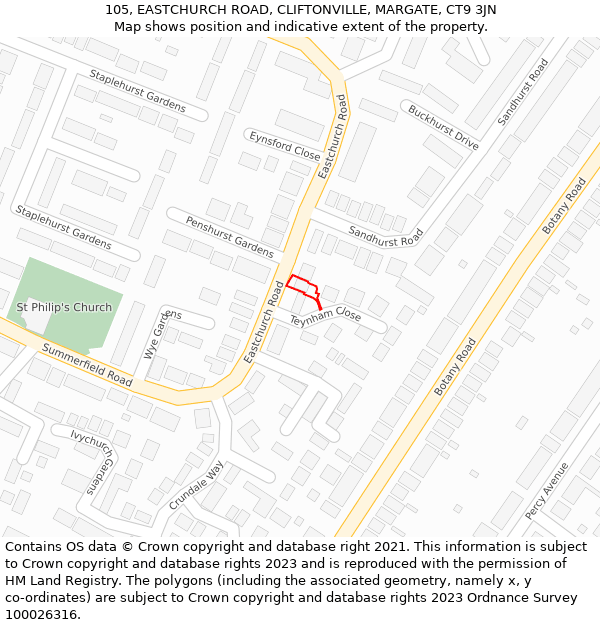 105, EASTCHURCH ROAD, CLIFTONVILLE, MARGATE, CT9 3JN: Location map and indicative extent of plot