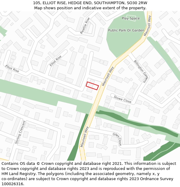 105, ELLIOT RISE, HEDGE END, SOUTHAMPTON, SO30 2RW: Location map and indicative extent of plot