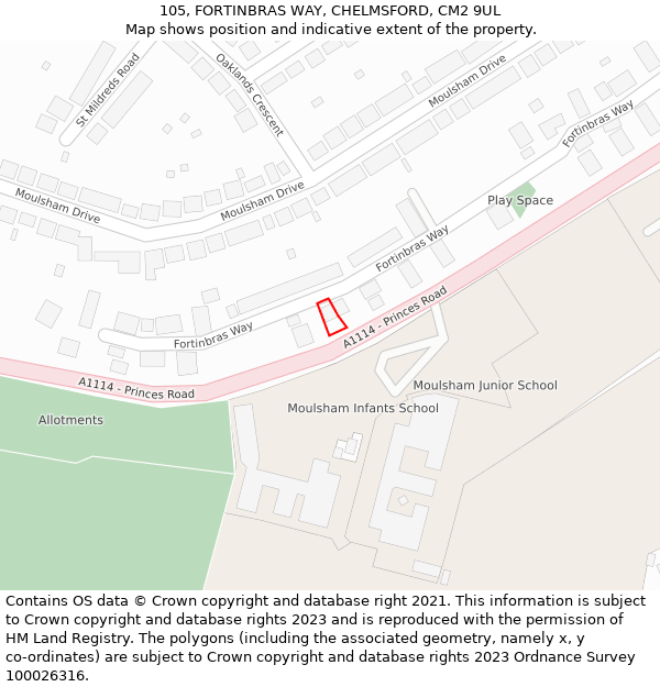 105, FORTINBRAS WAY, CHELMSFORD, CM2 9UL: Location map and indicative extent of plot