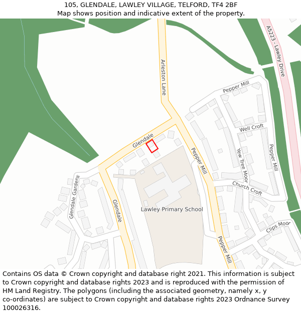 105, GLENDALE, LAWLEY VILLAGE, TELFORD, TF4 2BF: Location map and indicative extent of plot