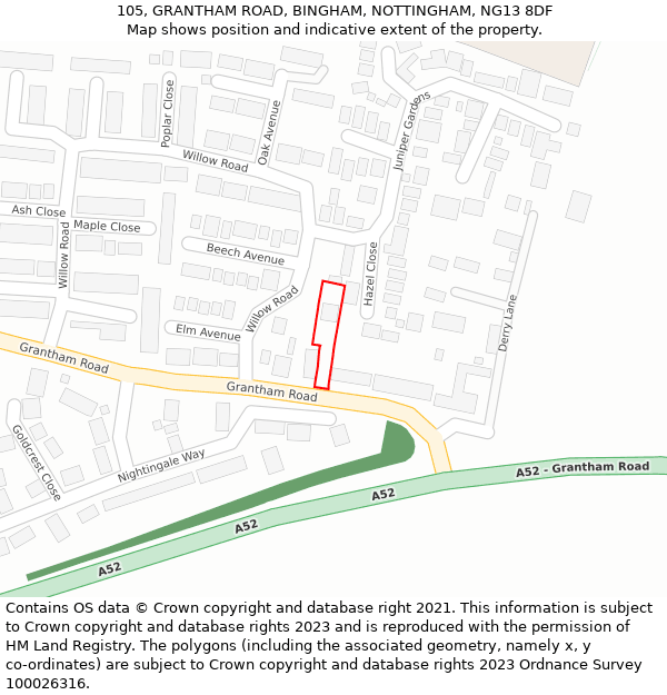 105, GRANTHAM ROAD, BINGHAM, NOTTINGHAM, NG13 8DF: Location map and indicative extent of plot