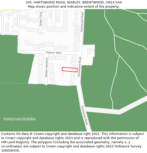 105, HARTSWOOD ROAD, WARLEY, BRENTWOOD, CM14 5AG: Location map and indicative extent of plot