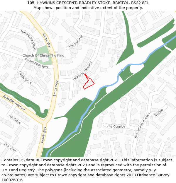 105, HAWKINS CRESCENT, BRADLEY STOKE, BRISTOL, BS32 8EL: Location map and indicative extent of plot