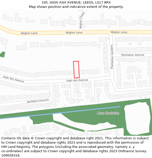 105, HIGH ASH AVENUE, LEEDS, LS17 8RX: Location map and indicative extent of plot