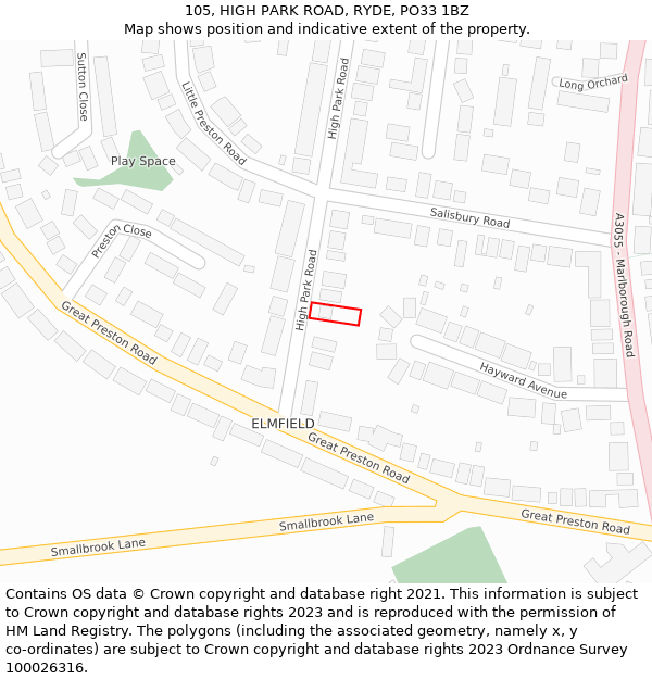 105, HIGH PARK ROAD, RYDE, PO33 1BZ: Location map and indicative extent of plot