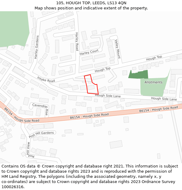 105, HOUGH TOP, LEEDS, LS13 4QN: Location map and indicative extent of plot