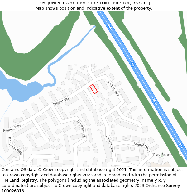 105, JUNIPER WAY, BRADLEY STOKE, BRISTOL, BS32 0EJ: Location map and indicative extent of plot