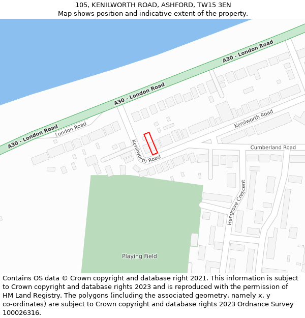 105, KENILWORTH ROAD, ASHFORD, TW15 3EN: Location map and indicative extent of plot