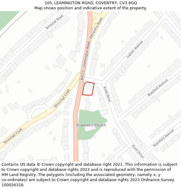 105, LEAMINGTON ROAD, COVENTRY, CV3 6GQ: Location map and indicative extent of plot