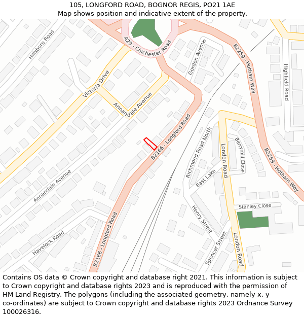105, LONGFORD ROAD, BOGNOR REGIS, PO21 1AE: Location map and indicative extent of plot