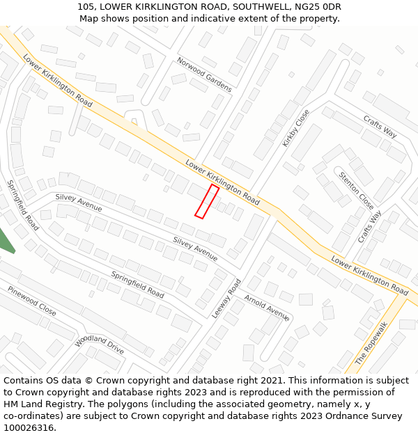 105, LOWER KIRKLINGTON ROAD, SOUTHWELL, NG25 0DR: Location map and indicative extent of plot