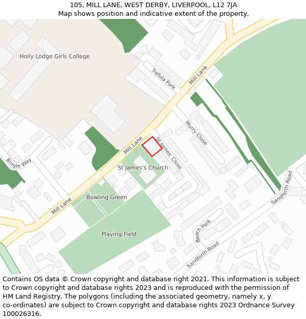 105, MILL LANE, WEST DERBY, LIVERPOOL, L12 7JA: Location map and indicative extent of plot
