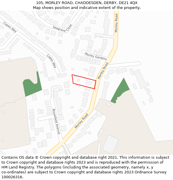 105, MORLEY ROAD, CHADDESDEN, DERBY, DE21 4QX: Location map and indicative extent of plot
