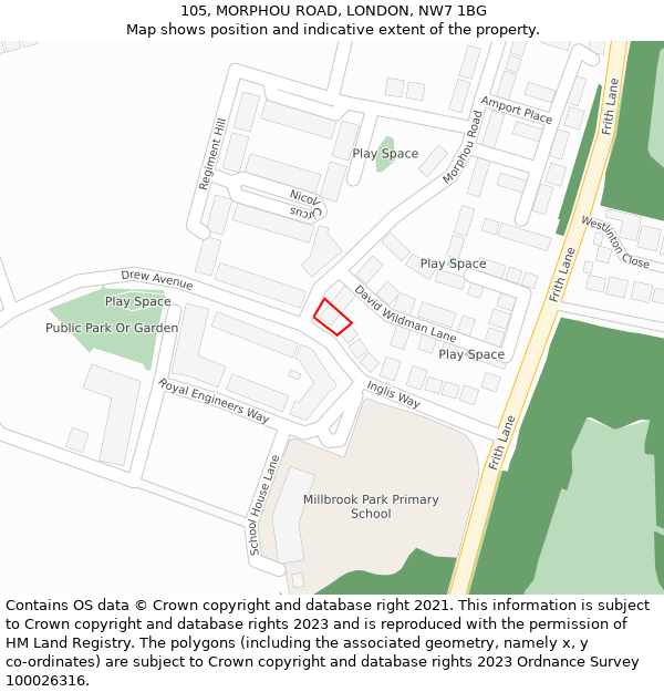105, MORPHOU ROAD, LONDON, NW7 1BG: Location map and indicative extent of plot
