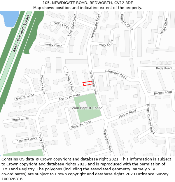 105, NEWDIGATE ROAD, BEDWORTH, CV12 8DE: Location map and indicative extent of plot