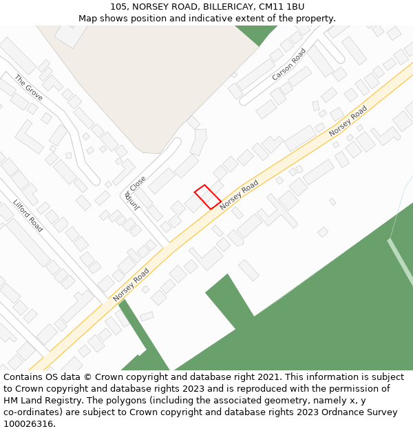 105, NORSEY ROAD, BILLERICAY, CM11 1BU: Location map and indicative extent of plot