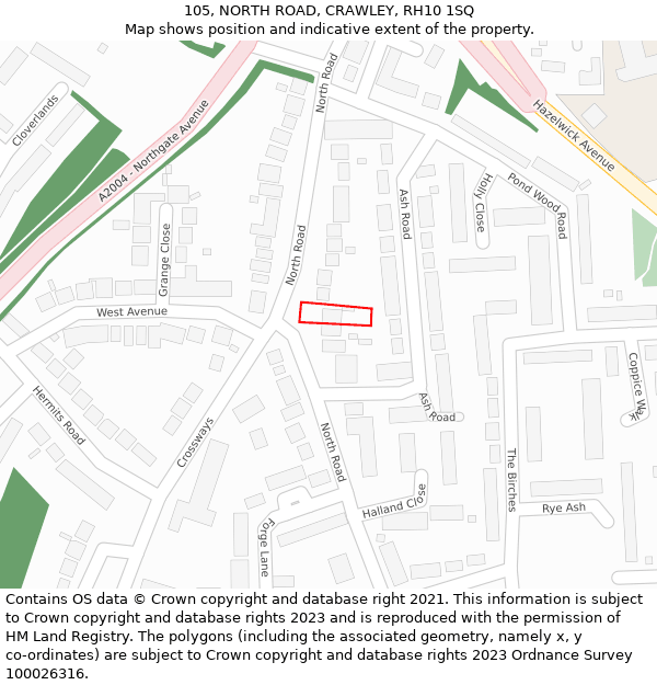 105, NORTH ROAD, CRAWLEY, RH10 1SQ: Location map and indicative extent of plot