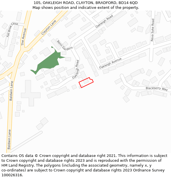 105, OAKLEIGH ROAD, CLAYTON, BRADFORD, BD14 6QD: Location map and indicative extent of plot