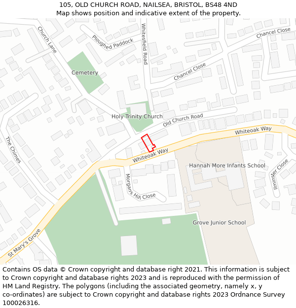 105, OLD CHURCH ROAD, NAILSEA, BRISTOL, BS48 4ND: Location map and indicative extent of plot