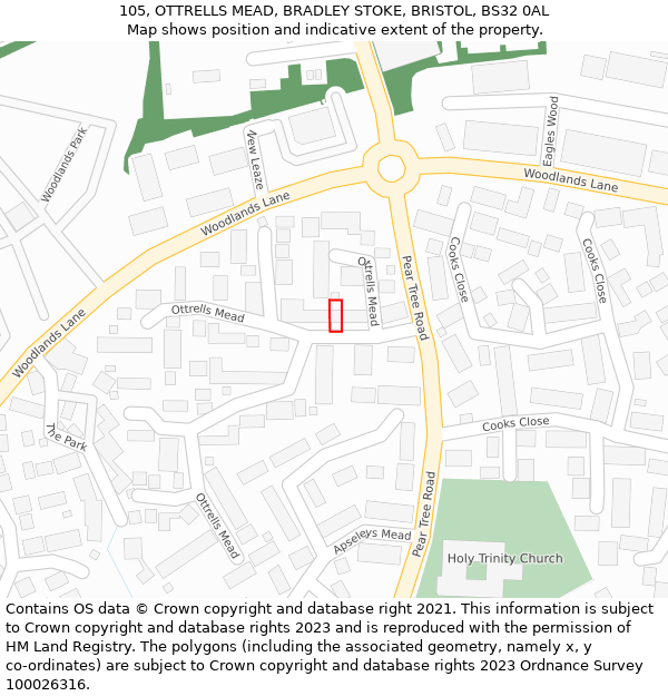 105, OTTRELLS MEAD, BRADLEY STOKE, BRISTOL, BS32 0AL: Location map and indicative extent of plot